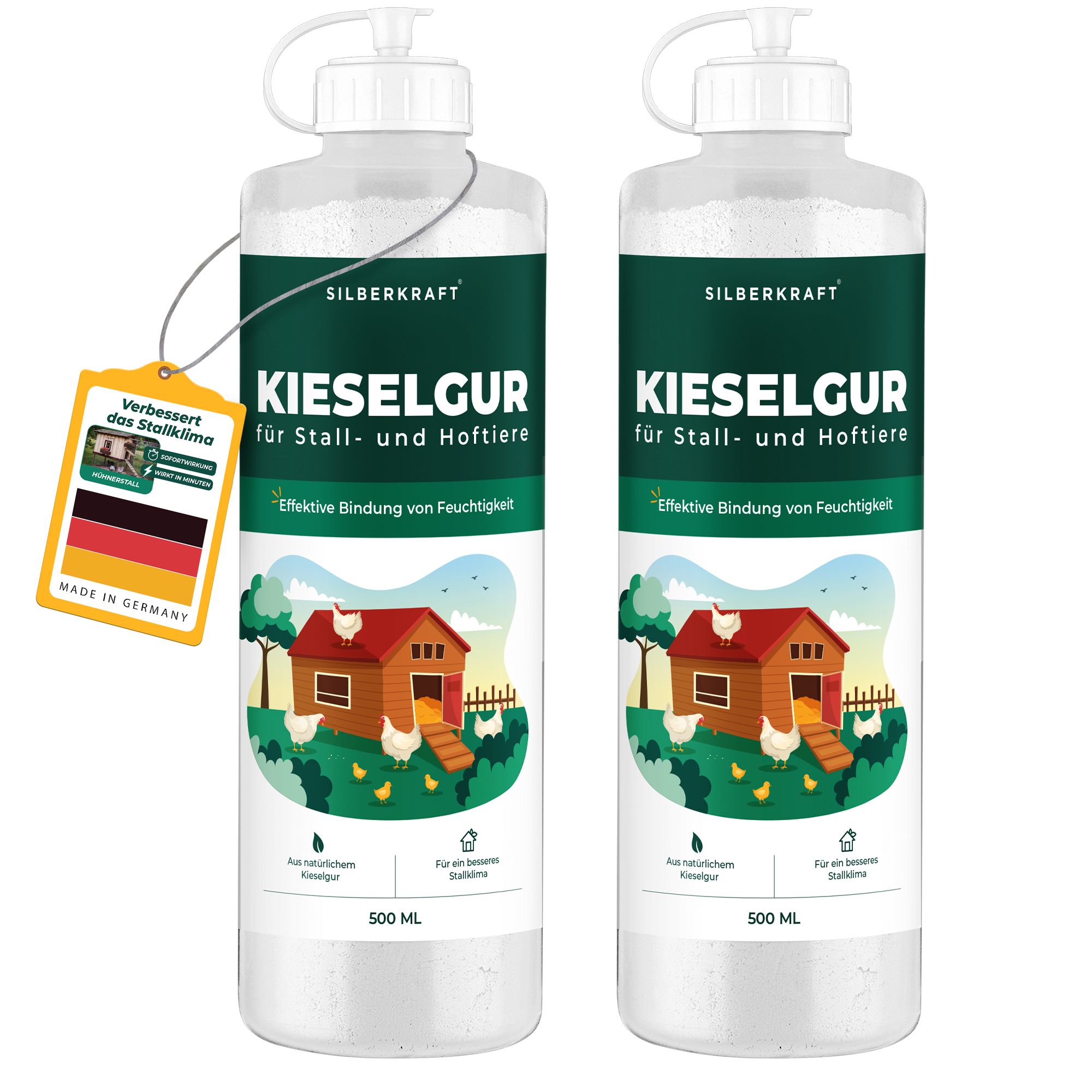 Zwei Flaschen SILBERKRAFT Kieselgur. Aufschrift: Kieselgur für Stall- und Hoftiere. Mit Anhänger "Verbessert das Stallklima".