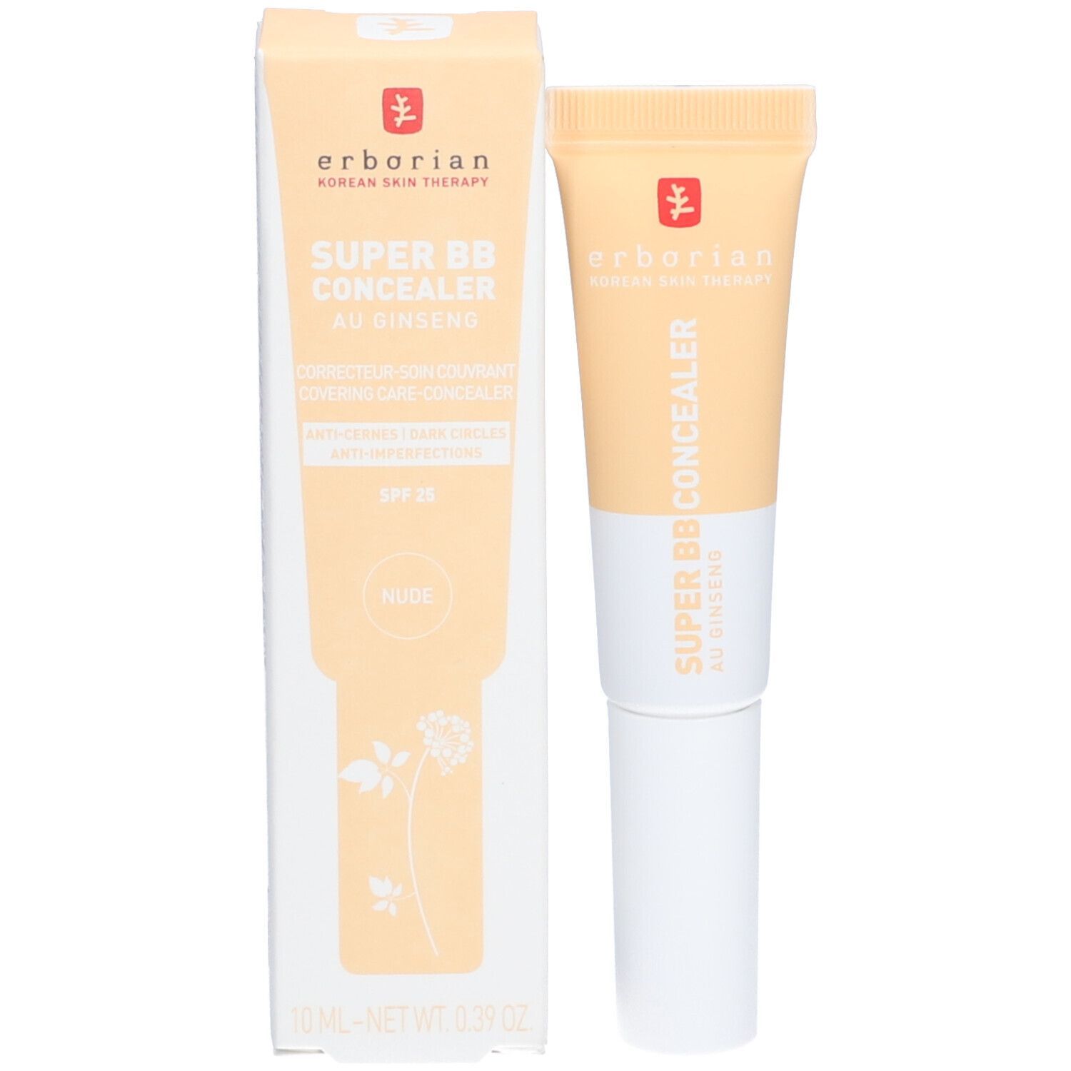 Verpackung und Tube Concealer. Marke: Erborian. Aufschrift: SUPER BB CONCEALER AU GINSENG. Farbton: NUDE. 10 ml.