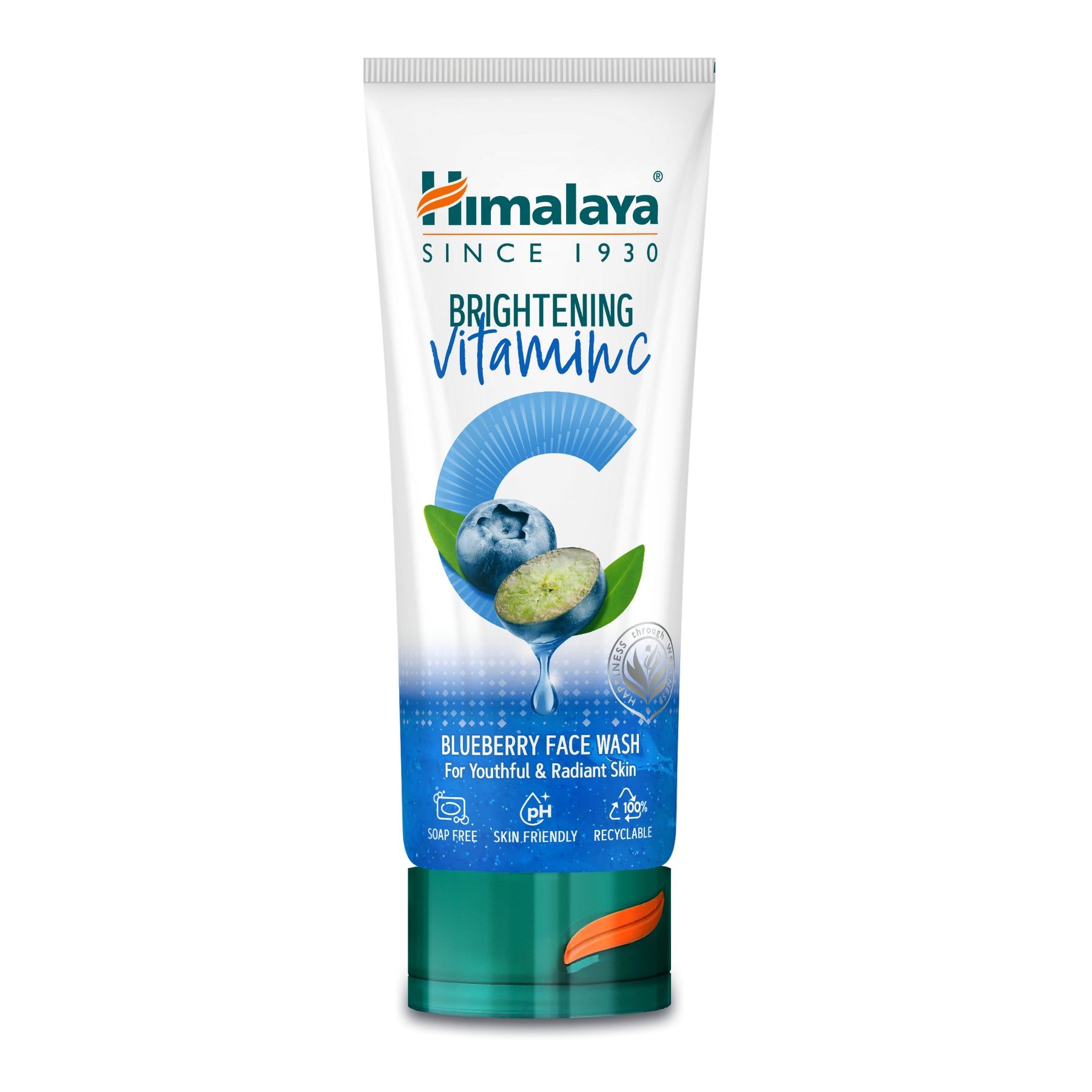 Weiß-blaue Tube mit Produktaufdruck. Himalaya-Logo, Schriftzug Vitamin C, Heidelbeere-Illustration. Text: Blueberry Face Wash.