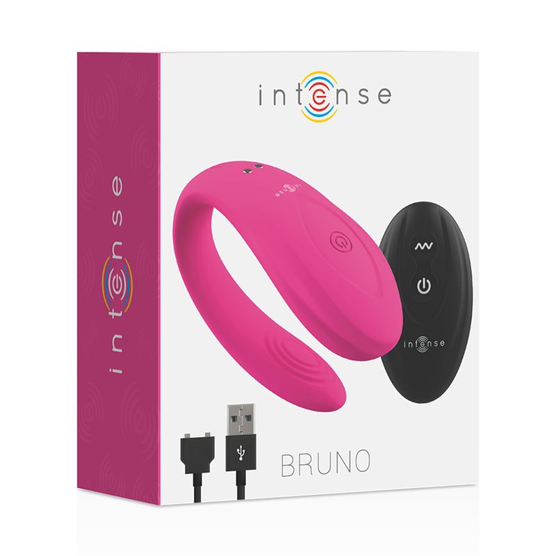 Paar-Vibrator, Fernbedienung und Verpackung. Die Verpackung trägt die Namen "Intense" und "Bruno".