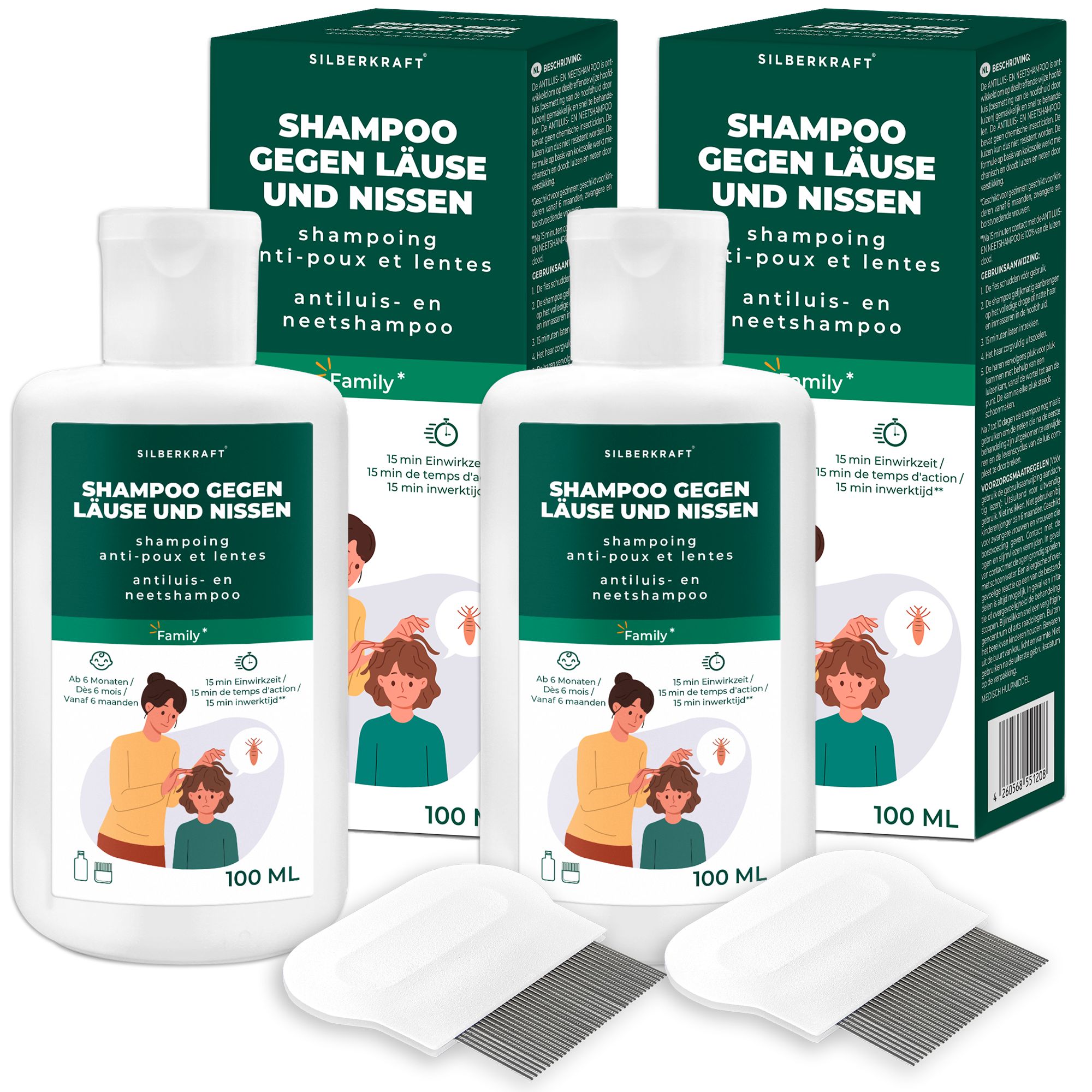 Mehrere Flaschen und Kartons SILBERKRAFT Läuseshampoo, dazu zwei Läusekämme. Auf den Flaschen steht "Shampoo gegen Läuse und Nissen".