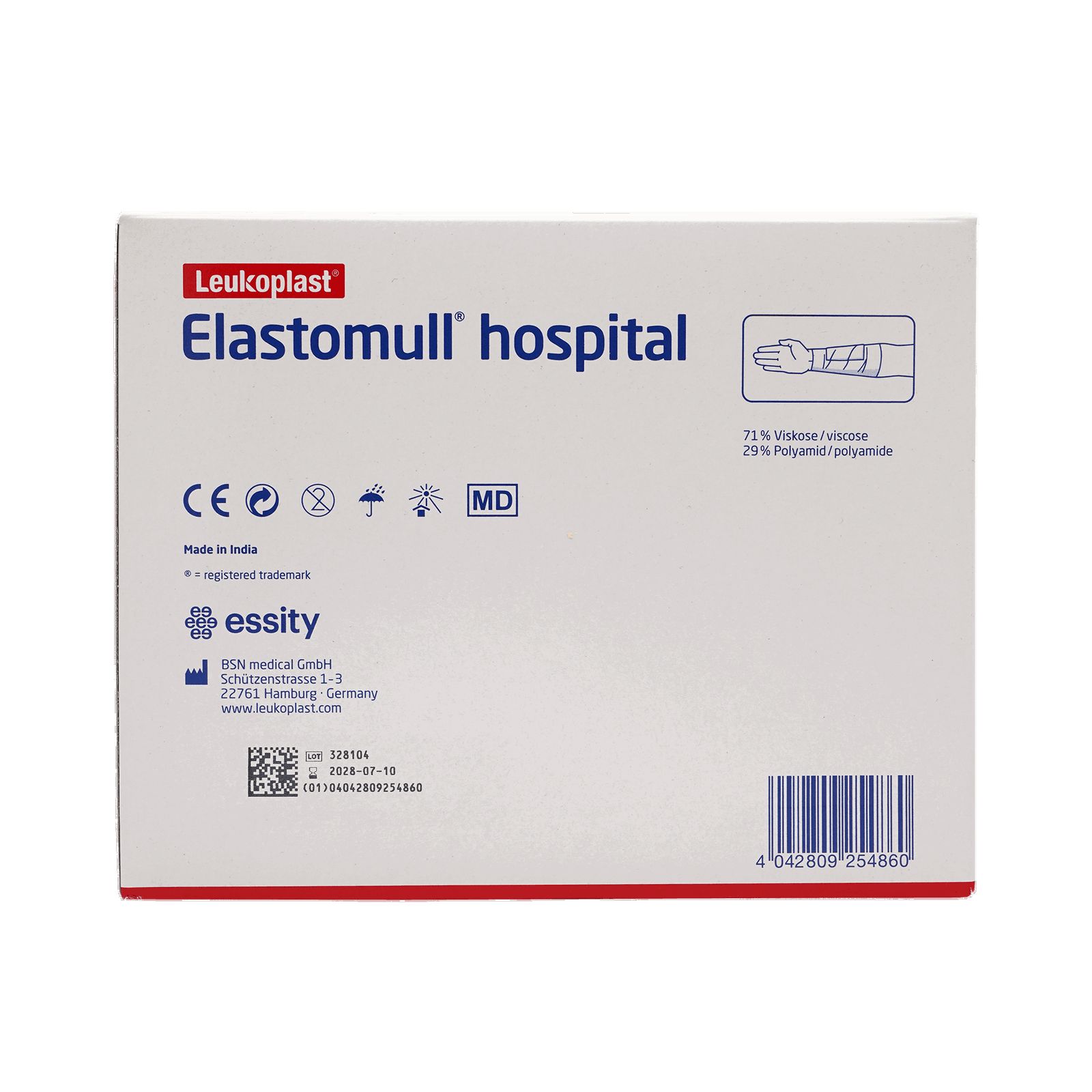 Rückseite der Verpackung. Produktname, Inhaltsangabe, Herstellerinformationen, Barcode und Piktogramme.