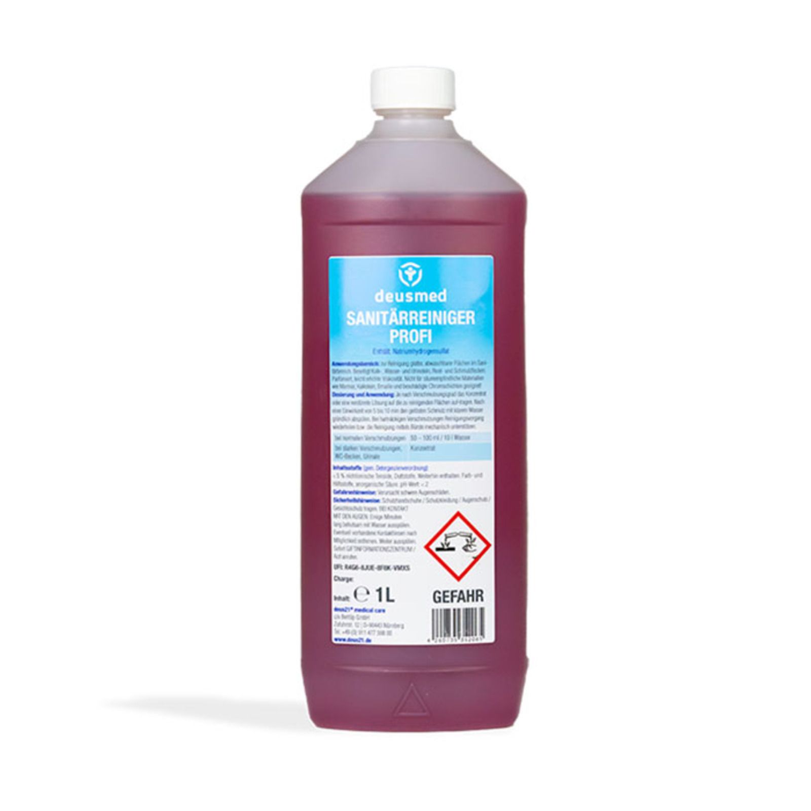 Flasche mit roter Flüssigkeit. Etikett mit Produktname, Logo, Gefahrensymbol und 1L-Angabe. Weißer Verschluss.