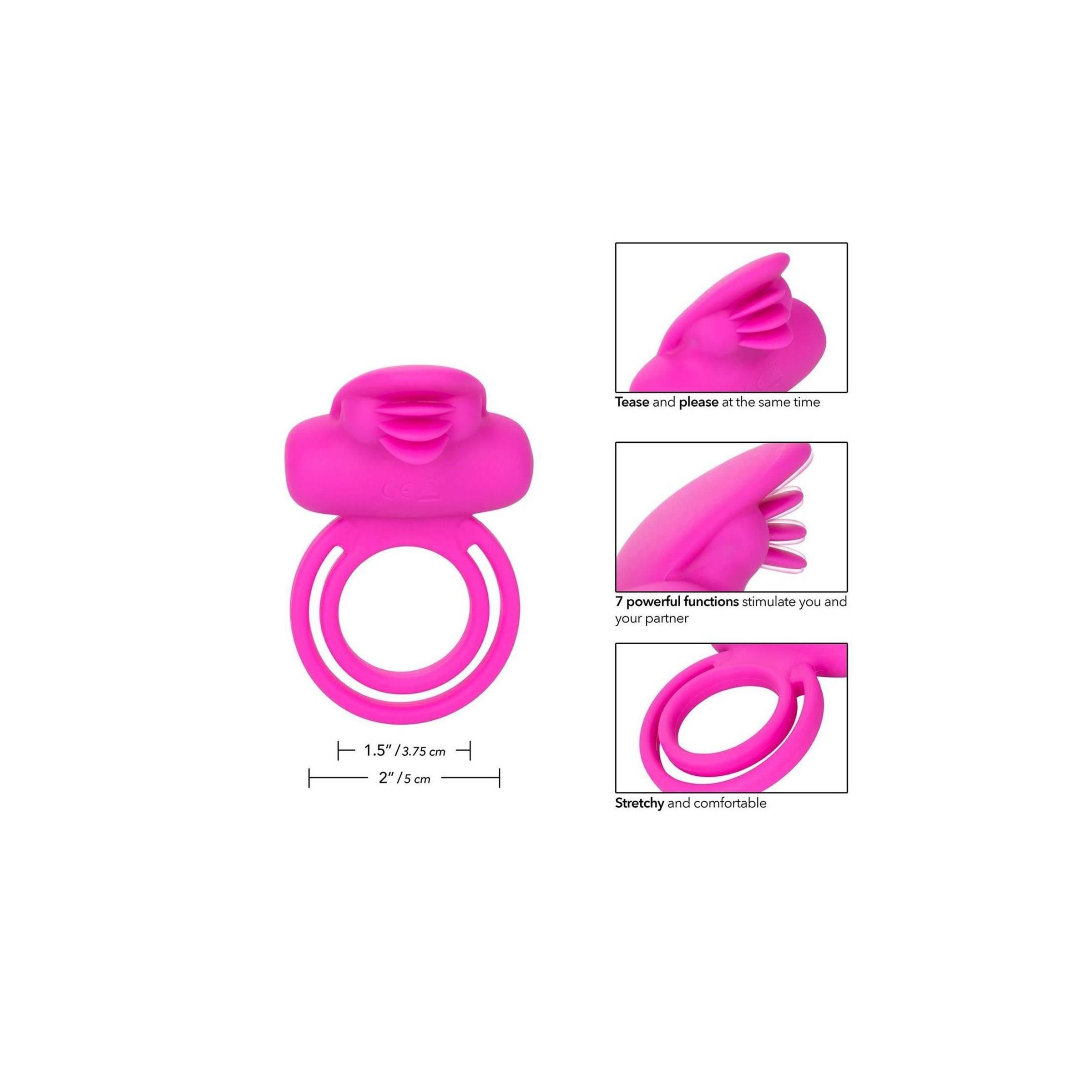 Rosa Clit Flicker Enhancer. Abbildung mit Maßen und Produktmerkmalen.