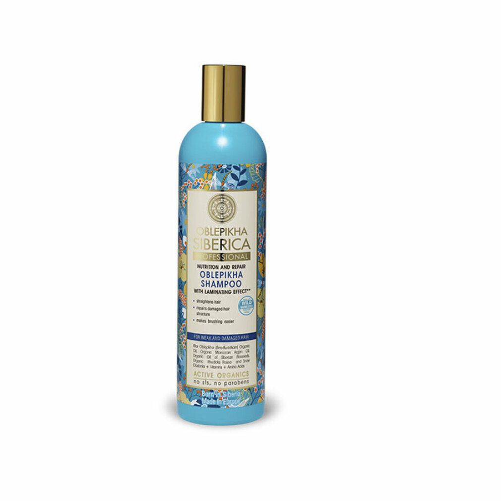 Oblepikha Siberica Shampoo: Blaue Flasche mit floralem Muster, goldener Verschluss. Enthält 400 ml.
