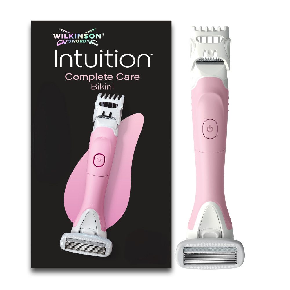 Wilkinson Sword Intuition Complete Care Bikini Rasierer und Verpackung in Rosa und Weiß.