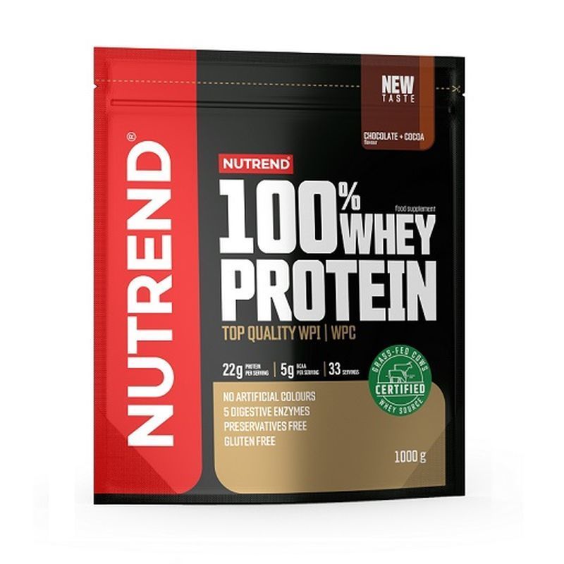 Schwarze Verpackung mit "NUTREND 100% WHEY PROTEIN". Enthält 22g Protein pro Portion. Zertifiziertes Produkt.