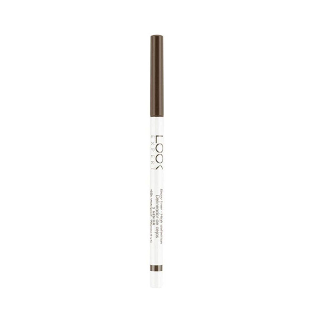 Brauenstift. Weißer Stift mit brauner Spitze und Kappe. Aufschrift: LOOK. Brow Liner High Definition 3 Dark.