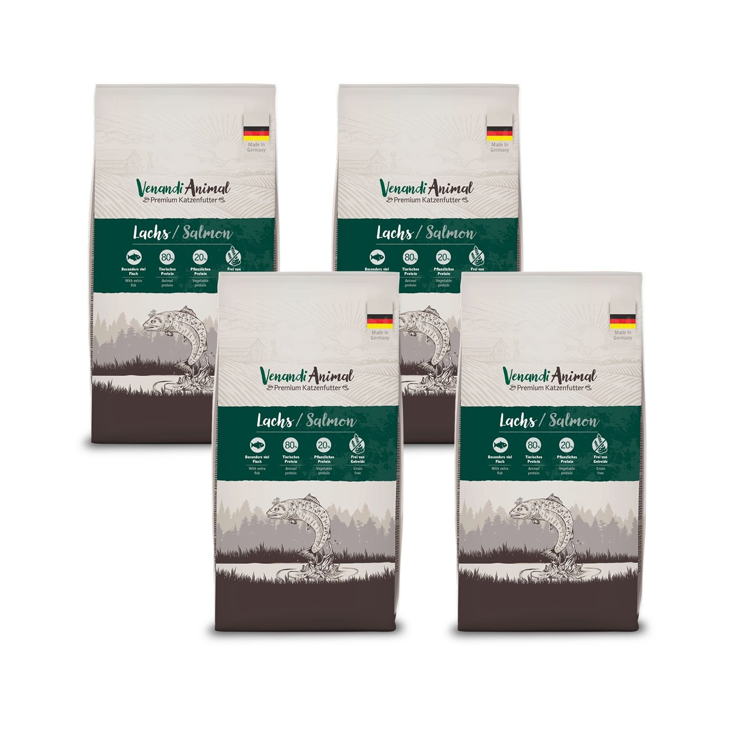 Mehrere Beutel Tiernahrung. Aufdruck: Venandi Animal, Lachs/Salmon. Grün-weißes Design mit Fisch-Illustration und deutsche Flagge.