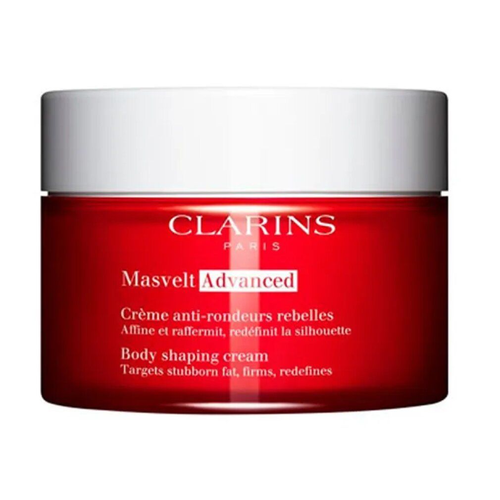 Roter Tiegel mit weißem Deckel. Text: Clarins Paris, Masvelt Advanced, Crème anti-rondeurs rebelles, Body shaping cream.
