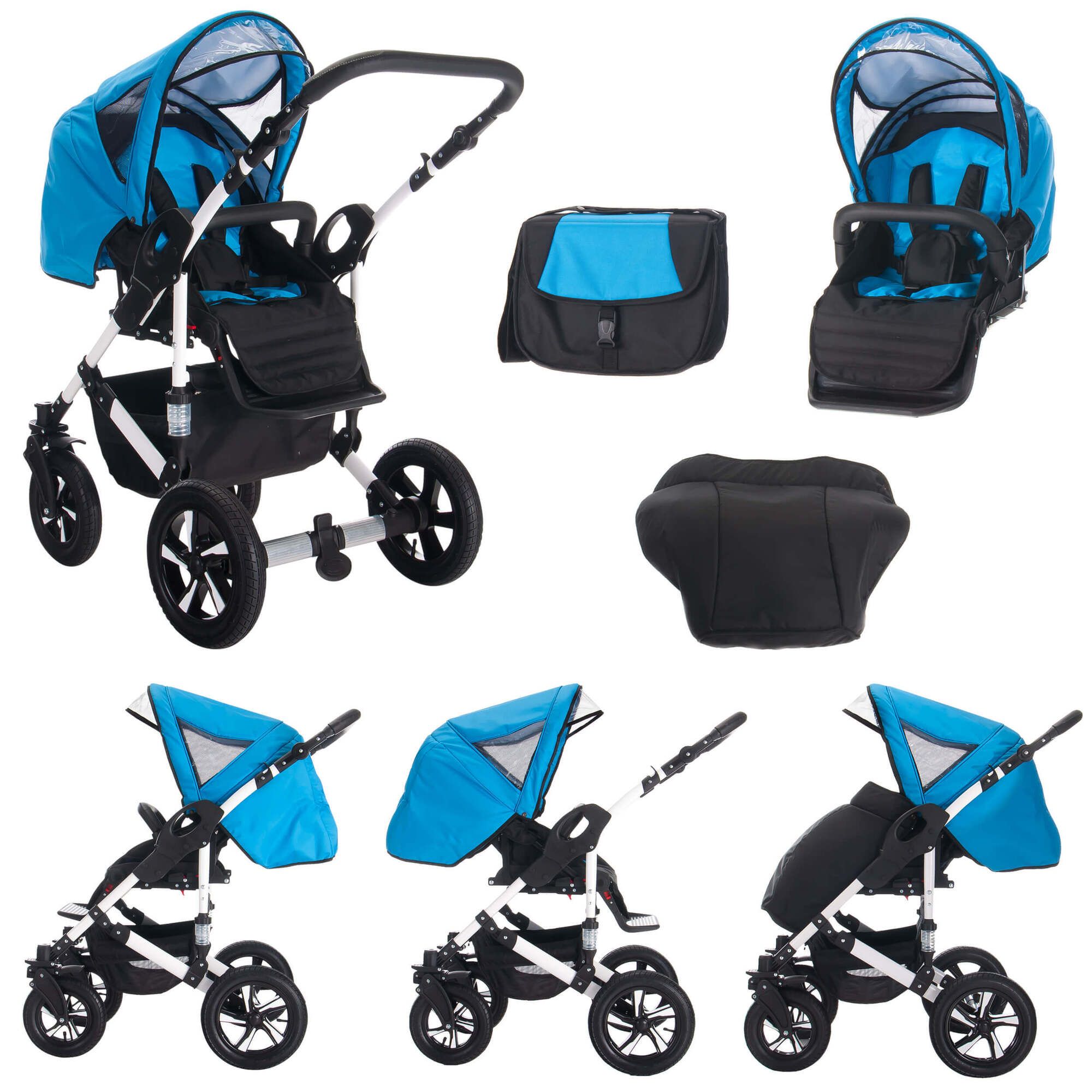 Kinderwagen-Set, blau-schwarz. Enthält Babywanne, Sportsitz, Zubehör. Weißes Gestell, schwarze Räder.