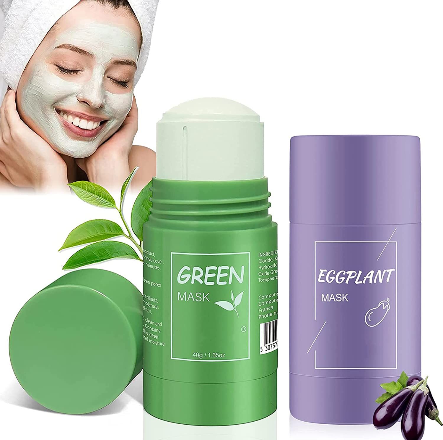 Grüne Maske und lila Maske. Eine Frau mit grüner Maske im Gesicht. Grüner Tee Maske und Aubergine Maske.