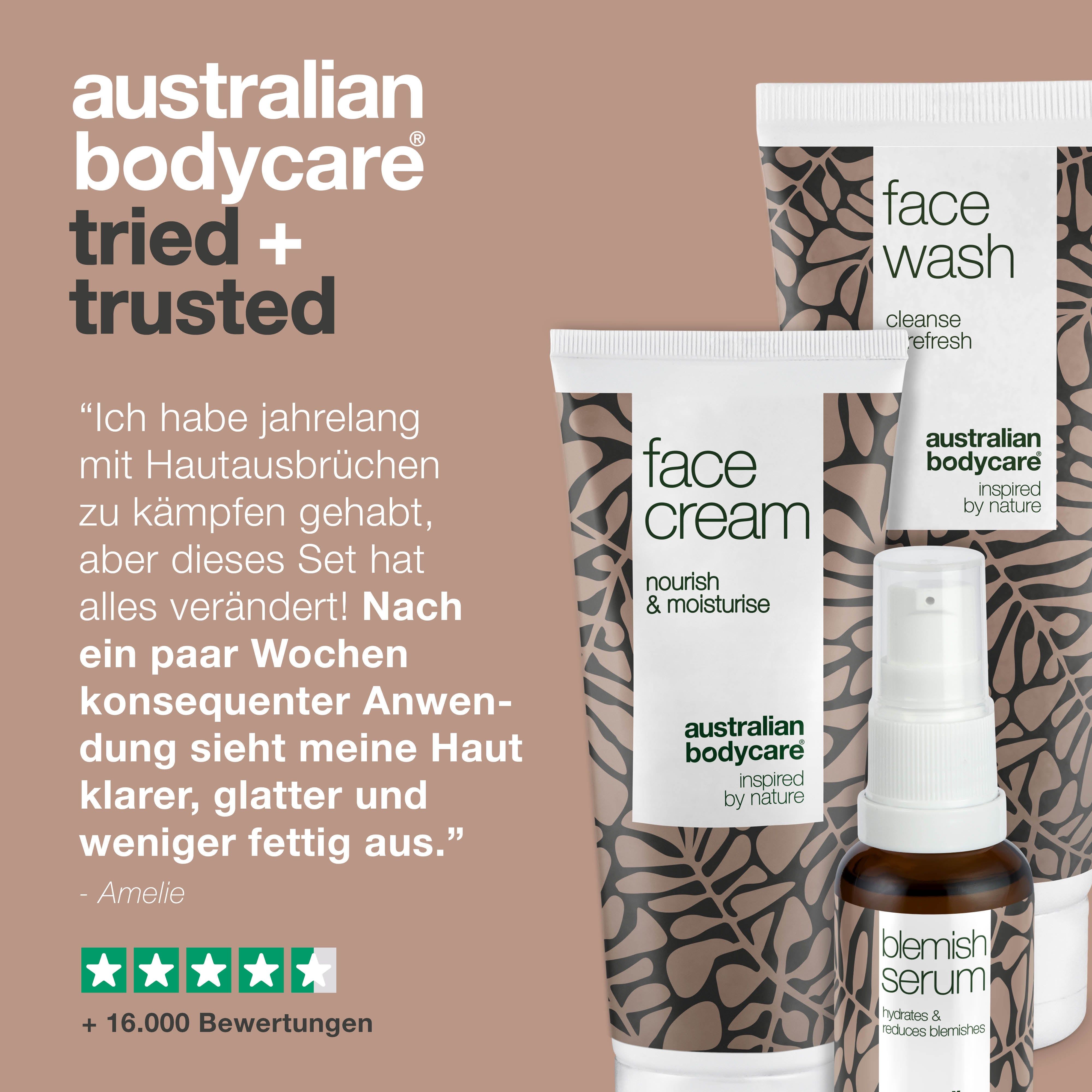 Grafik mit Produkten und Text. Text: Australian Bodycare, tried + trusted. Zitat und Bewertungen.