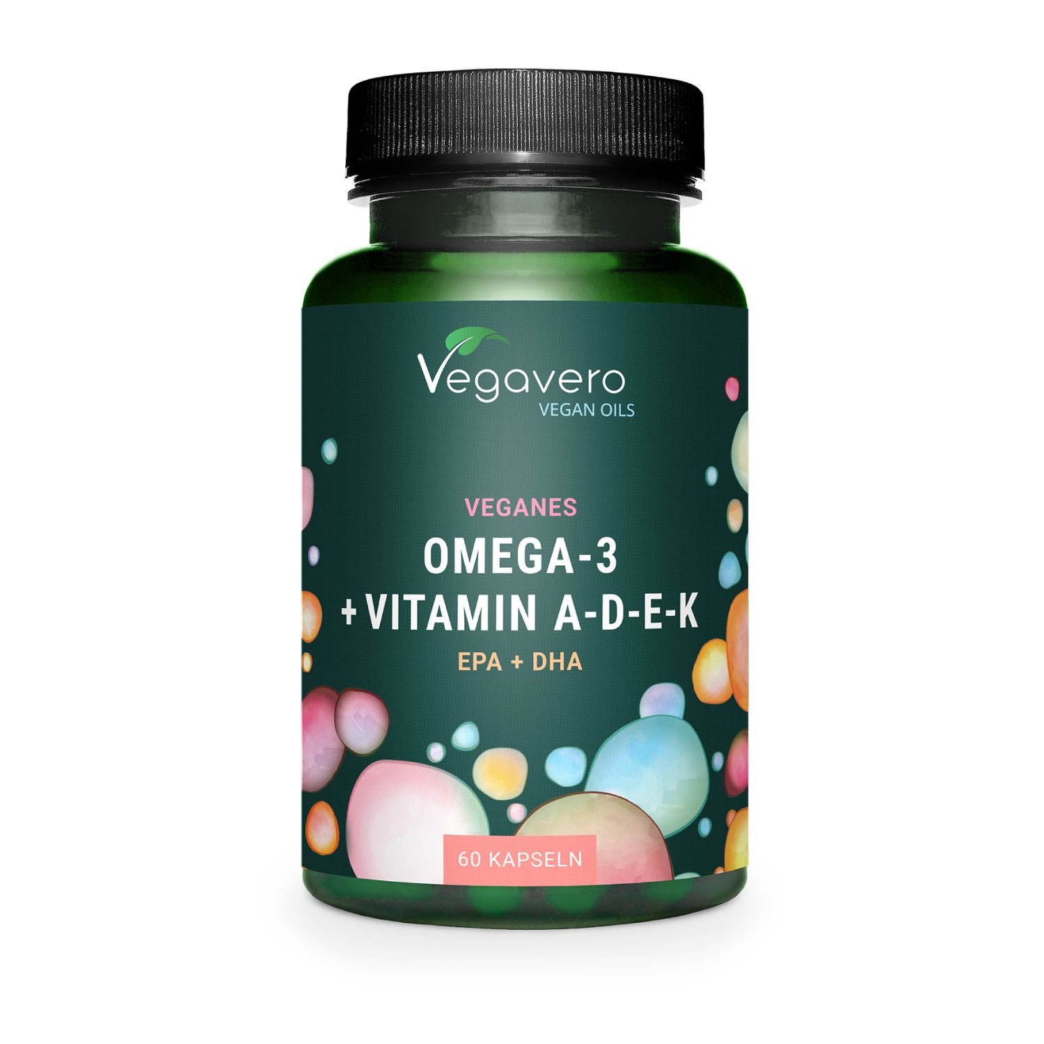 Grüne Flasche mit schwarzen Deckel. Aufschrift: Veganes Omega-3 + Vitamin A-D-E-K. 60 Kapseln.