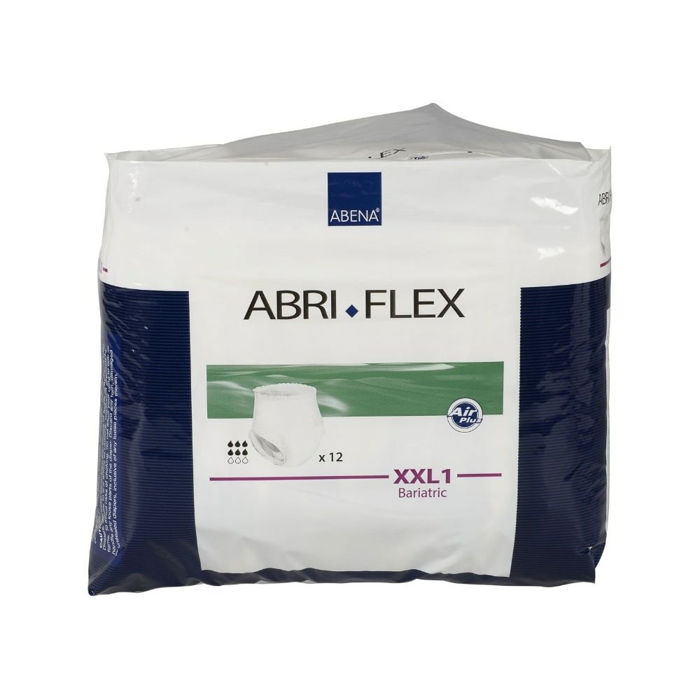 Verpackung Abena Abri-Flex Pants XXL1 Bariatric. Weiß-blaue Verpackung mit Produktabbildung und Schriftzug.