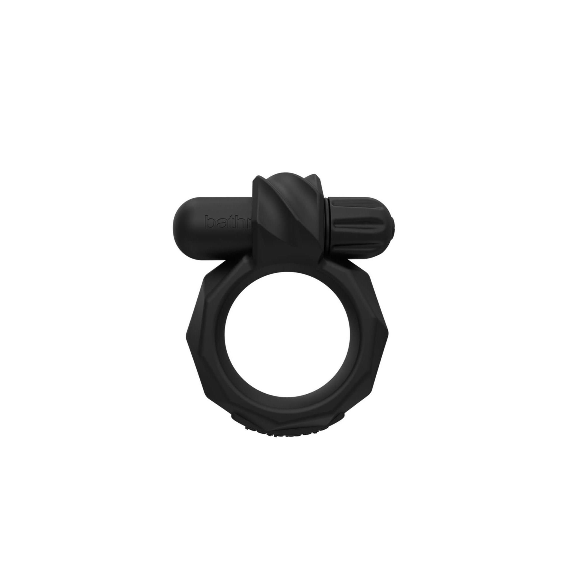 Schwarzer Ring mit erhabenen Elementen und einem zylindrischen Aufsatz. Geometrische Formgebung.