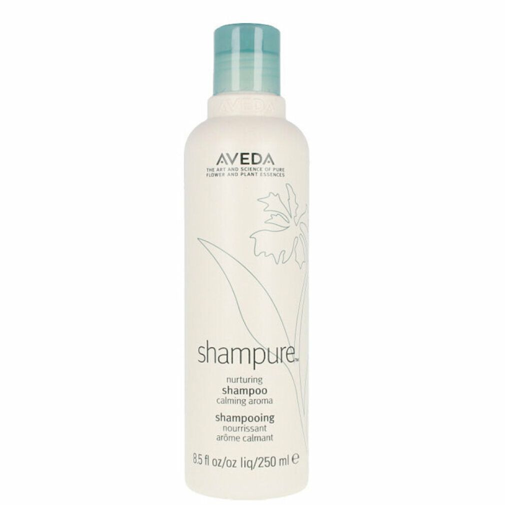 Weißes Shampoo-Fläschchen mit blauem Deckel. Aufschrift: Aveda, Shampure, nährendes Shampoo, 8.5 fl oz/250 ml.