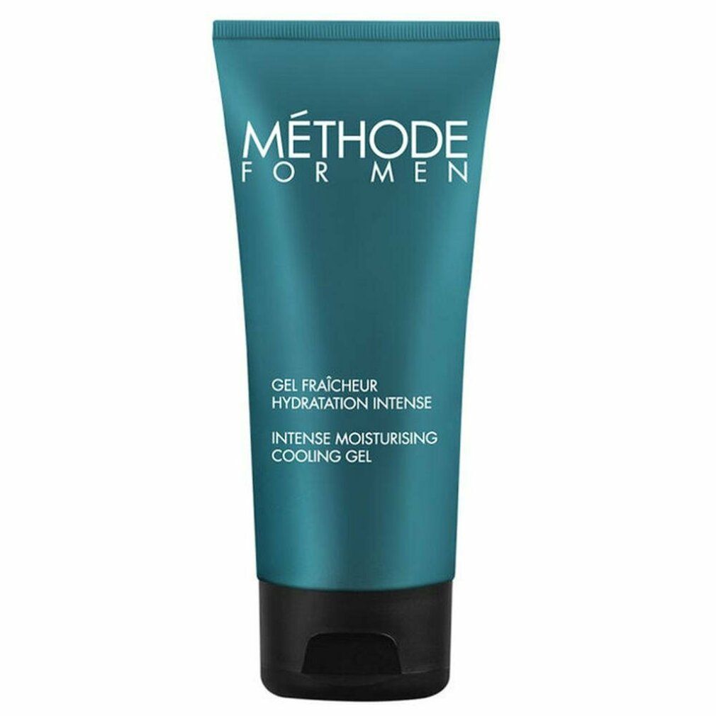 Türkisfarbene Tube mit schwarzem Deckel. Aufschrift: MÉTHODE FOR MEN, Gel fraîcheur, Hydratation intense, Intense Moisturising Cooling Gel.