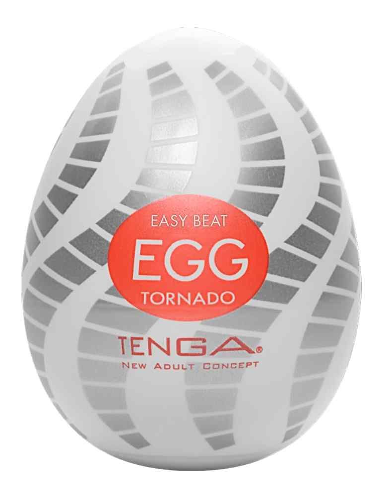 Weißes Ei mit grauen Spiralmustern und rotem Aufkleber mit der Aufschrift "EGG TORNADO". Darunter steht "TENGA" und "NEW ADULT CONCEPT".