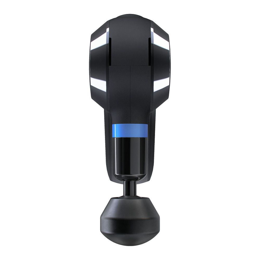 Schwarzes Massagegerät, Ansicht von unten. Blaue Akzente. Aufsatz am unteren Ende.