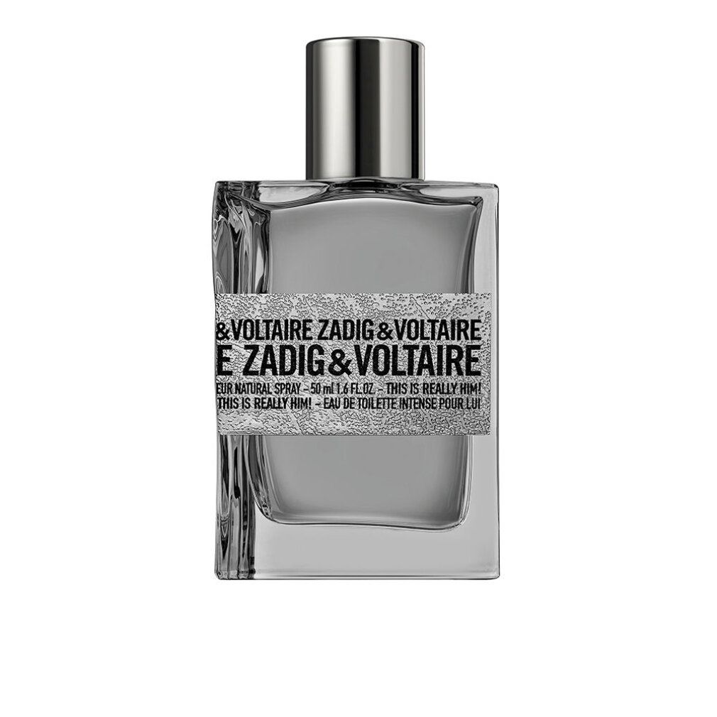 Zadig & Voltaire-Flakon. Rechteckige Form, silberfarbener Verschluss. Etikett mit Produktnamen und Text. Klarer Glasflakon.