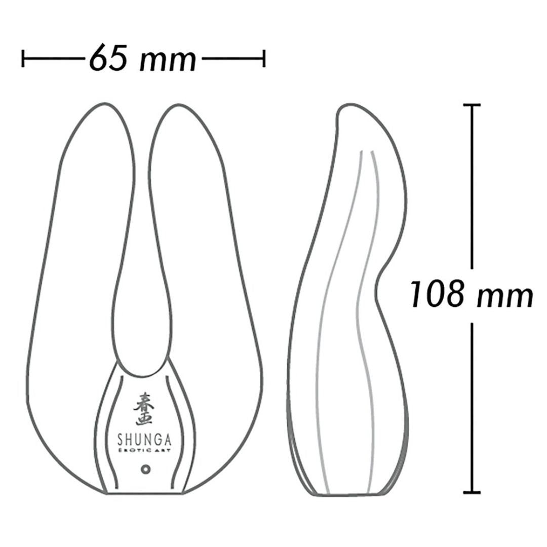 Skizze eines Doppelvibrators. Maße: 65 mm breit, 108 mm hoch. Marke SHUNGA.