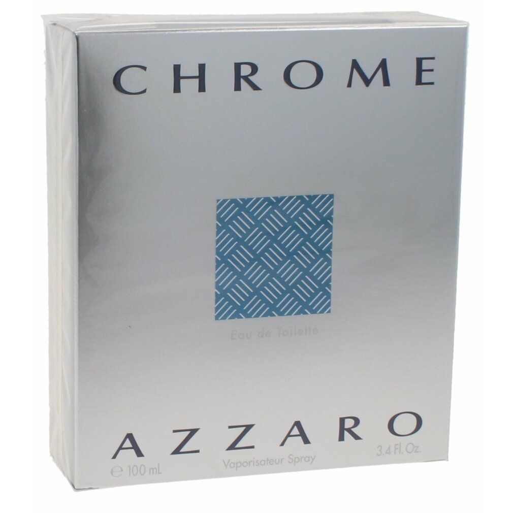 Silberne Verpackung mit "CHROME" und "AZZARO" Schriftzug. Quadratisches Muster in Blau. "Eau de Toilette" und "Vaporisateur Spray" Text.