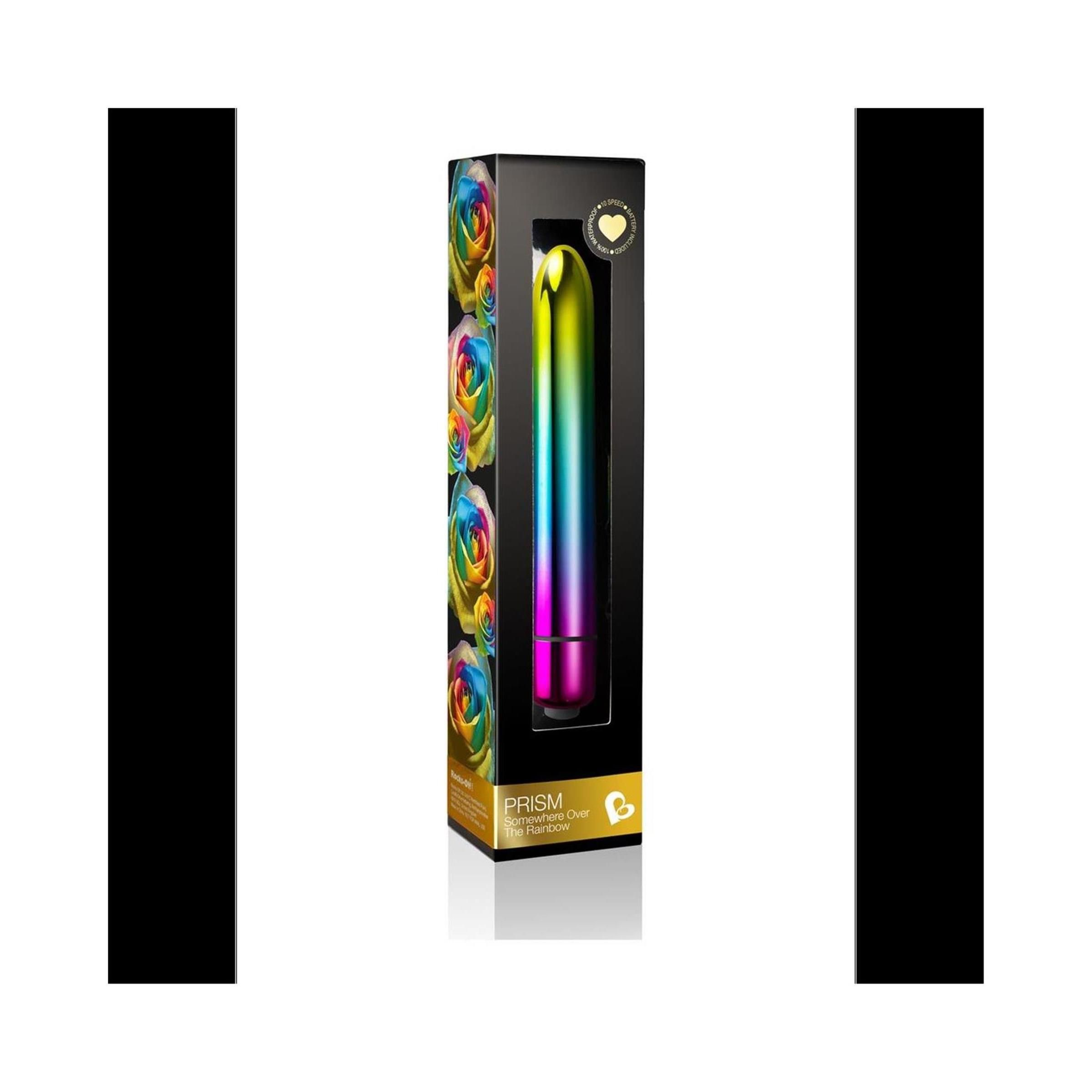 Zylindrischer Vibrator in Regenbogenfarben in einer schwarzen Verpackung. Aufschrift: PRISM.