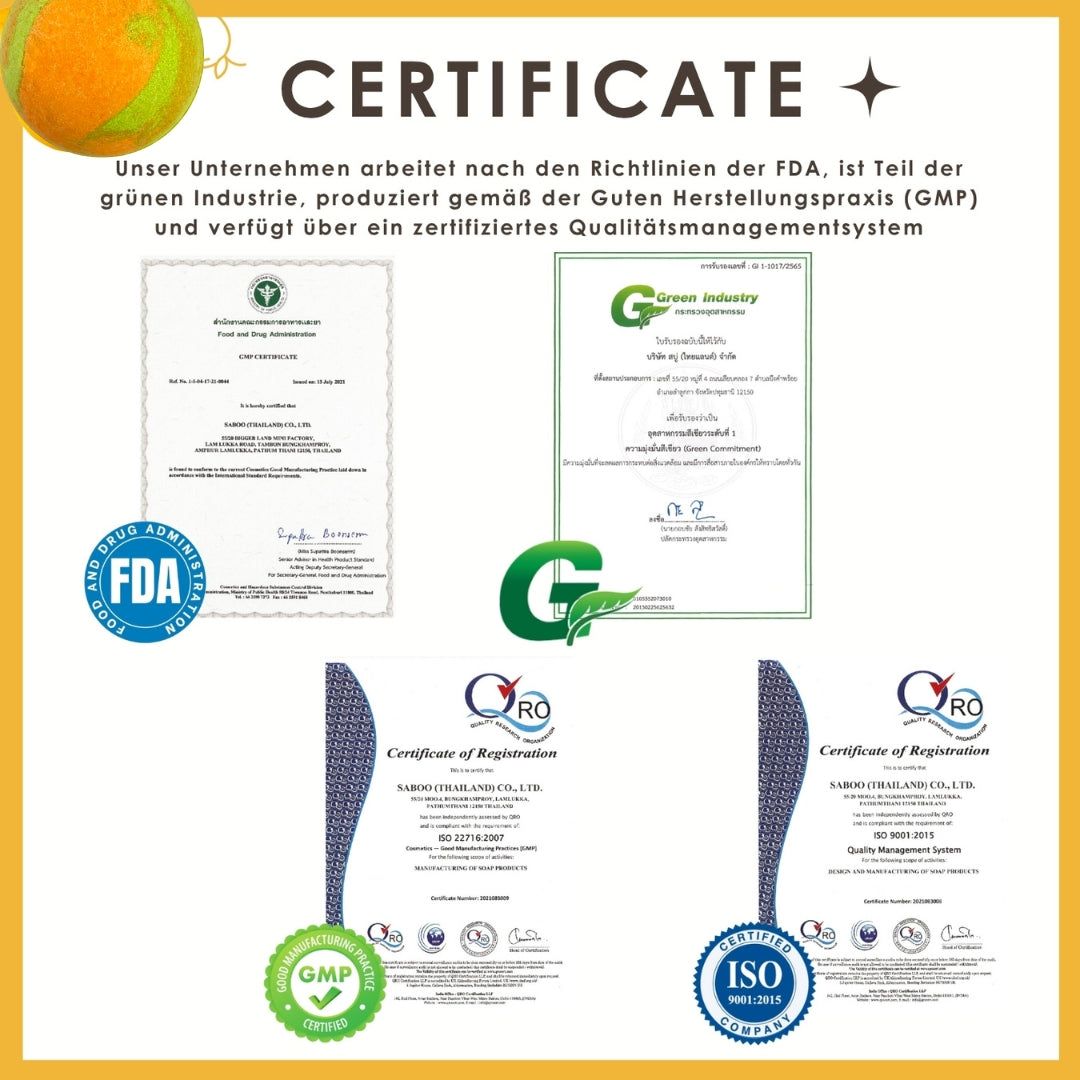 Zertifikate: FDA, Green Industry, GMP, ISO 9001. Text: Zertifiziertes Qualitätsmanagementsystem, hergestellt nach GMP.