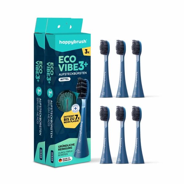 Verpackung von "happybrush ECO VIBE 3" Aufsteckbürsten (3 Stück, mittel) und sechs einzelnen blauen Aufsteckbürsten.