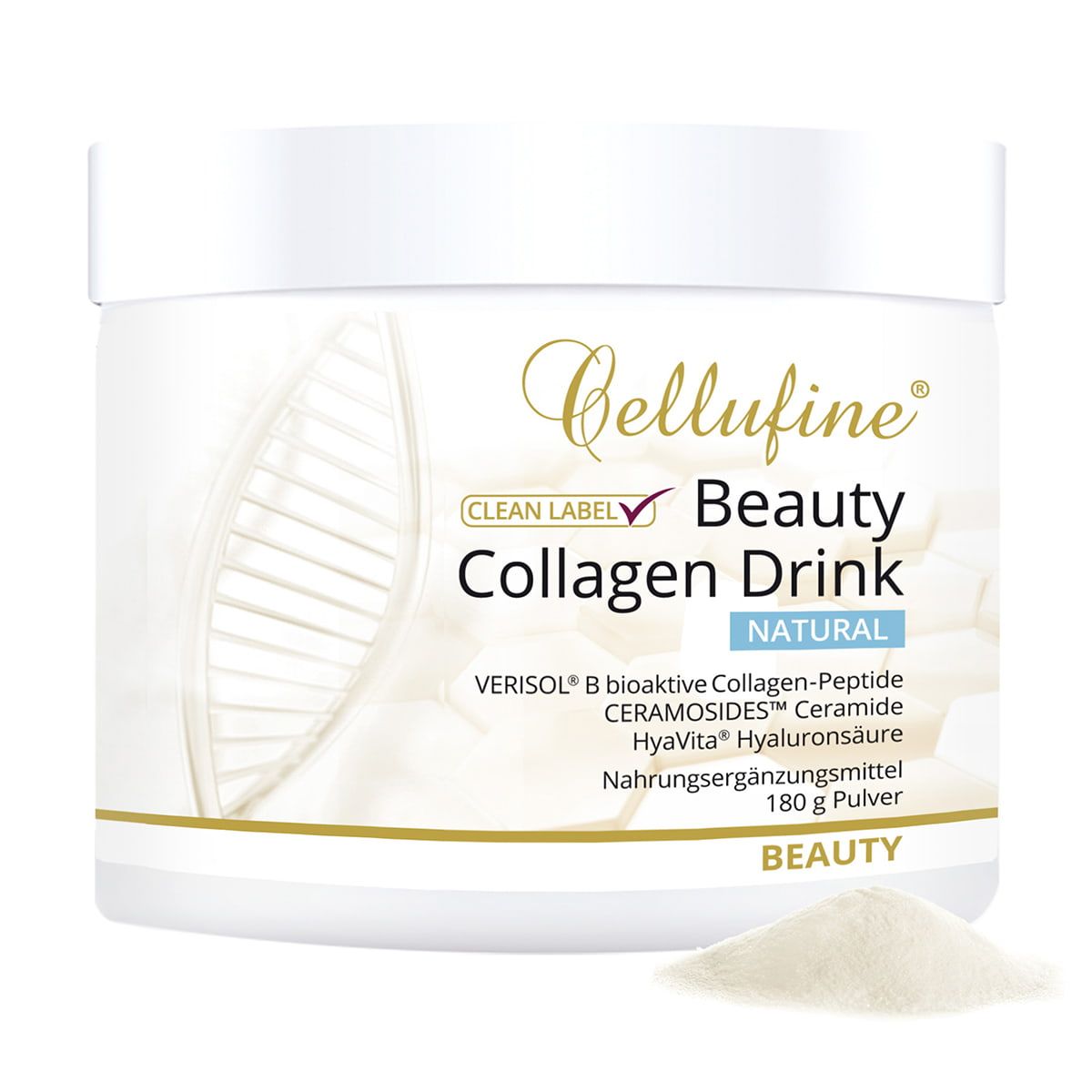 Weißer Behälter mit Cellufine Beauty Collagen Drink Pulver. Text: Beauty Collagen Drink, VERISOL B, Ceramosides, Hyaluron. 180 g Pulver.