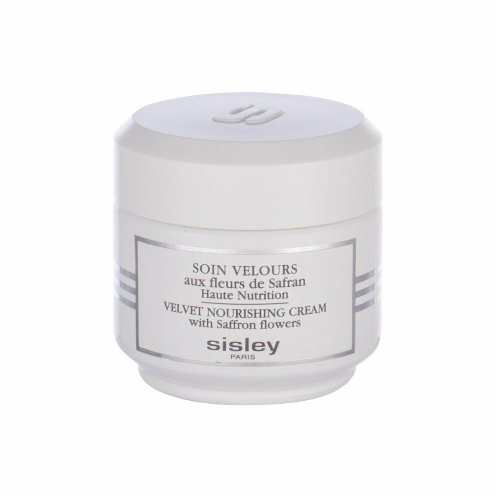 Weißer Tiegel mit silbernen Streifen. Aufschrift: SOIN VELOURS aux fleurs de Safran, Haute Nutrition, VELVET NOURISHING CREAM with Saffron flowers, Sisley Paris.