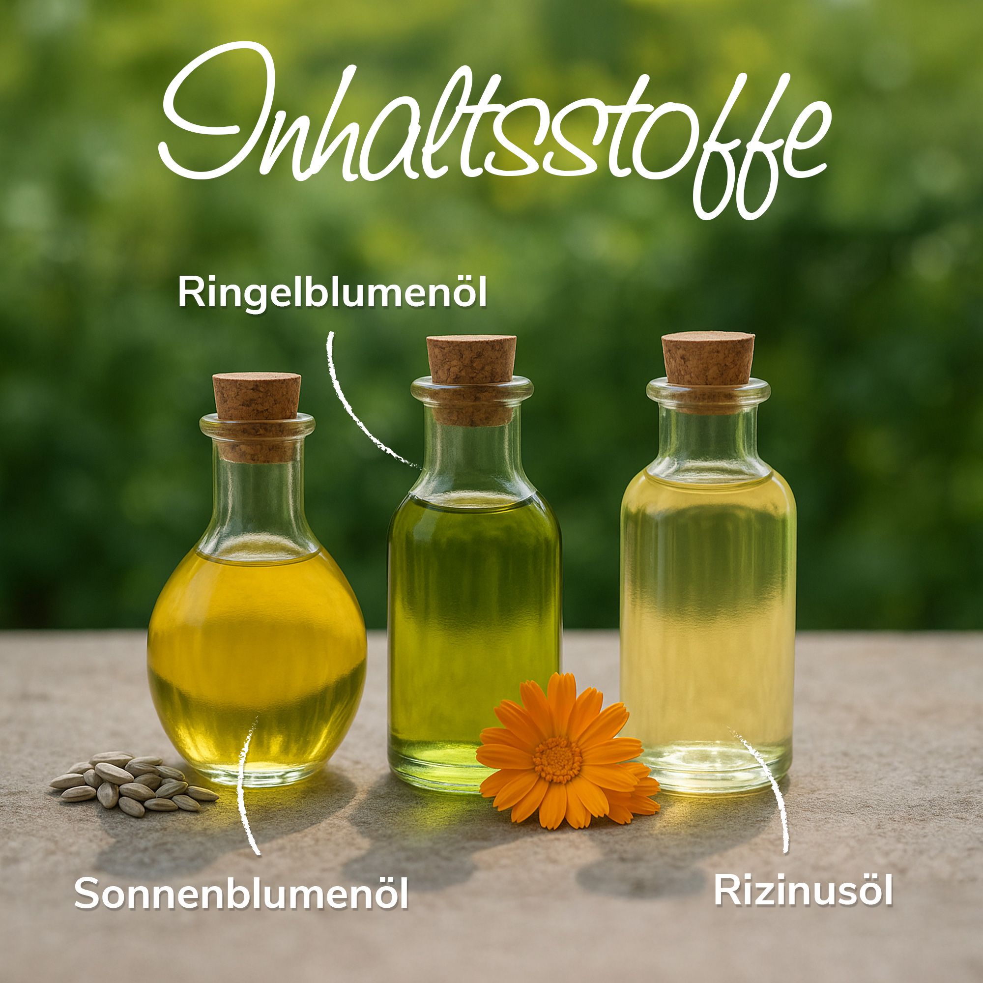 Drei kleine Glasflaschen mit Korken. Beschriftung: Ringelblumenöl, Sonnenblumenöl, Rizinusöl.