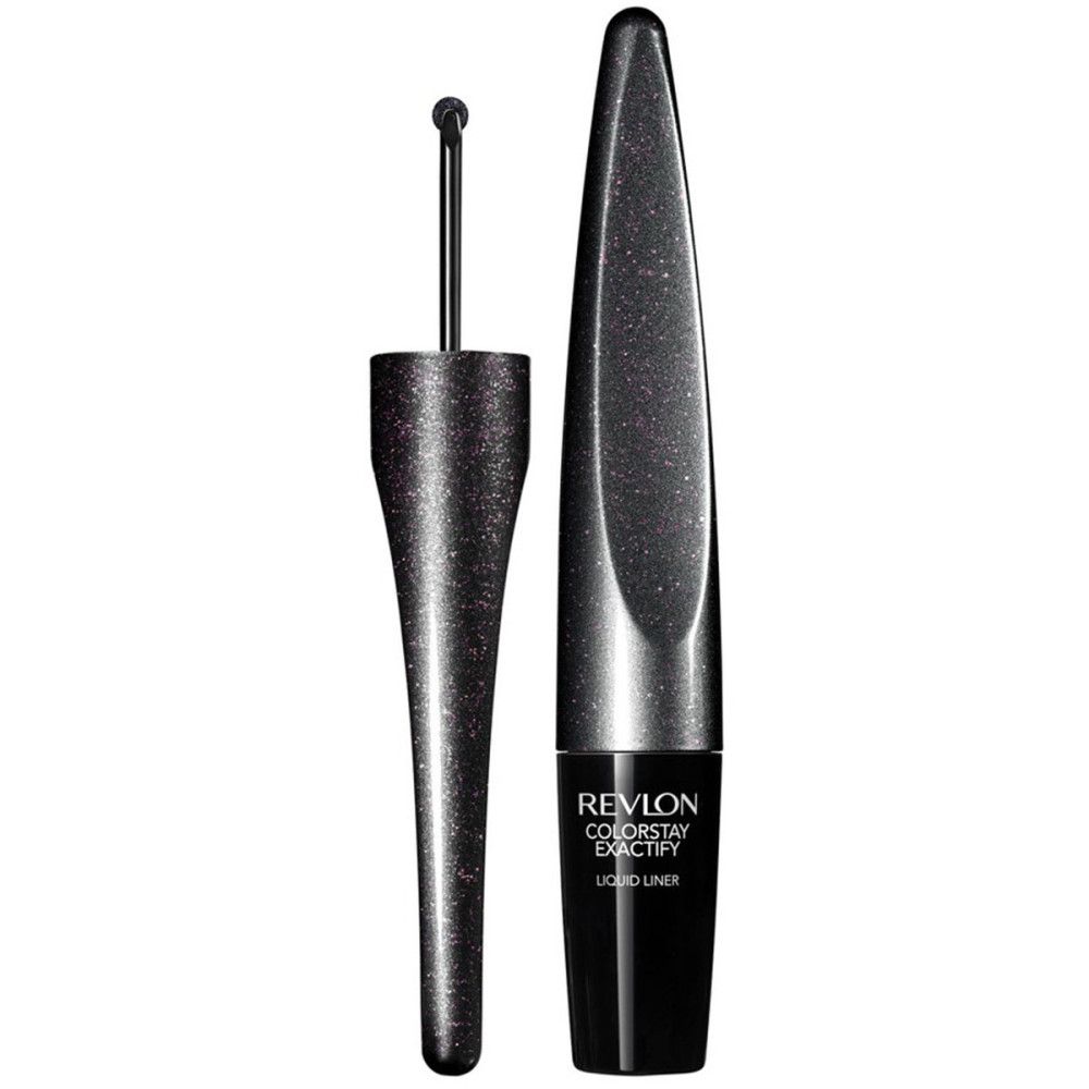 Flüssiger Eyeliner. Schwarze, längliche Flasche mit silberfarbenem Glitzer. Aufschrift: Revlon Colorstay Exactify Liquid Liner. Mit Applikator.