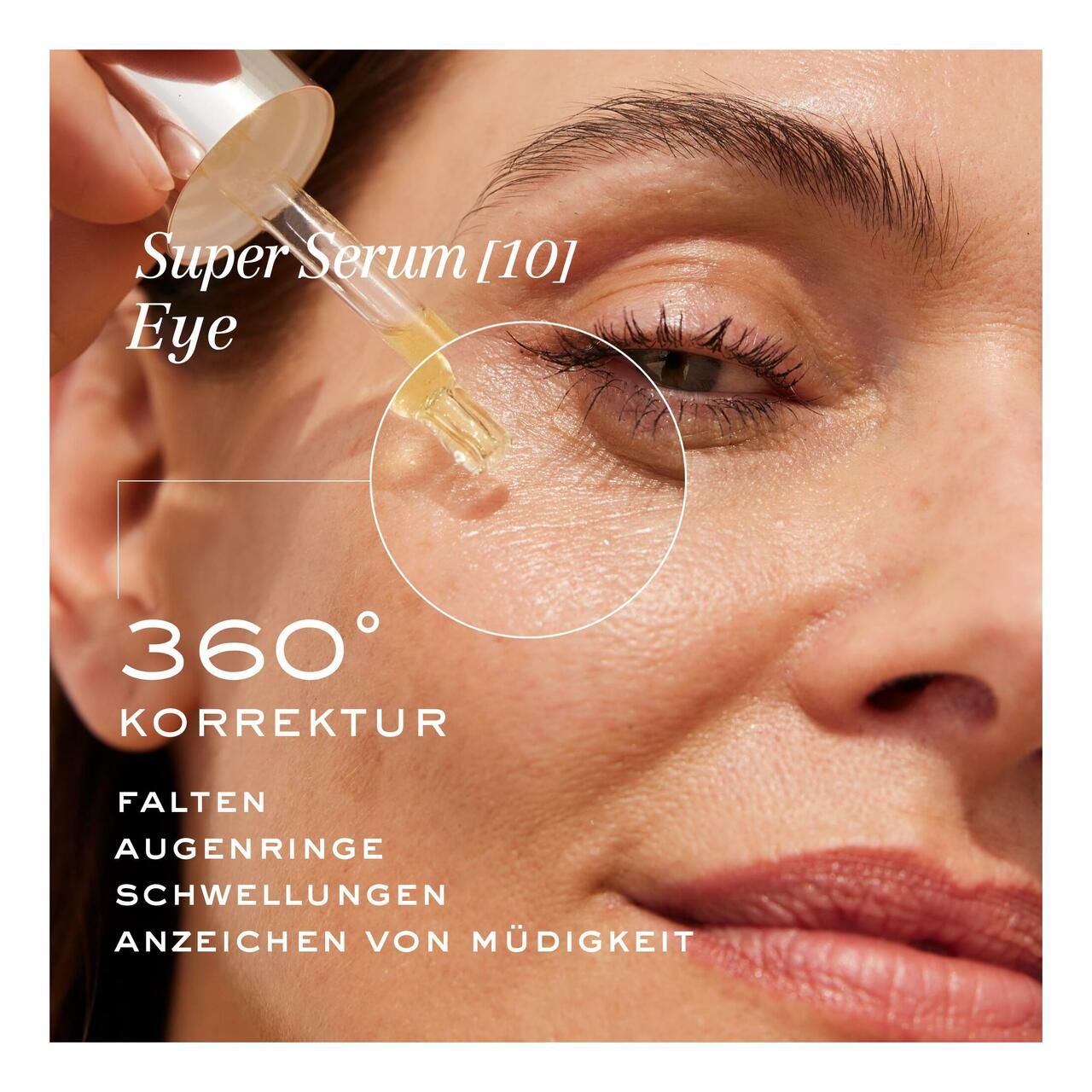 Kartonverpackung und Augenkonzentrat-Flasche. Aufschrift: NUXE Super Serum [10] Yeux • Eye. 15 ml.