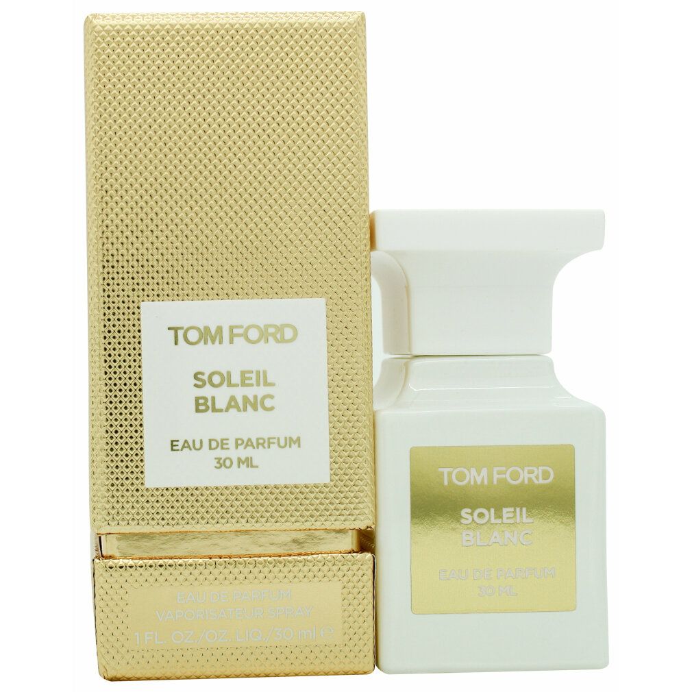 Weiße Flasche und goldfarbene Verpackung. Aufschrift: Tom Ford Soleil Blanc Eau de Parfum 30 ml. Flasche mit weißem Verschluss.