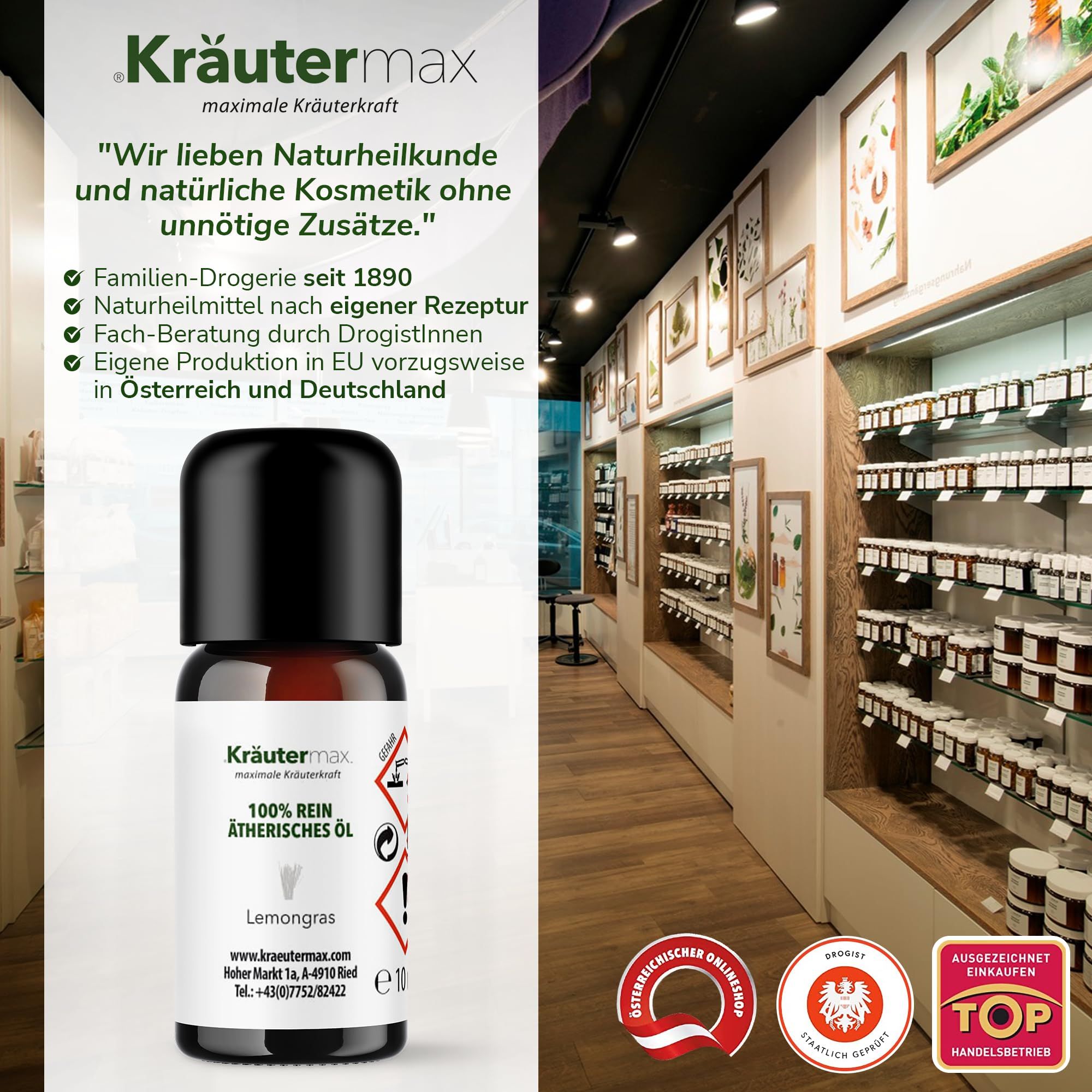 Braune Flasche mit schwarzem Deckel. Im Hintergrund: Drogerie mit Regalen und Produkten.