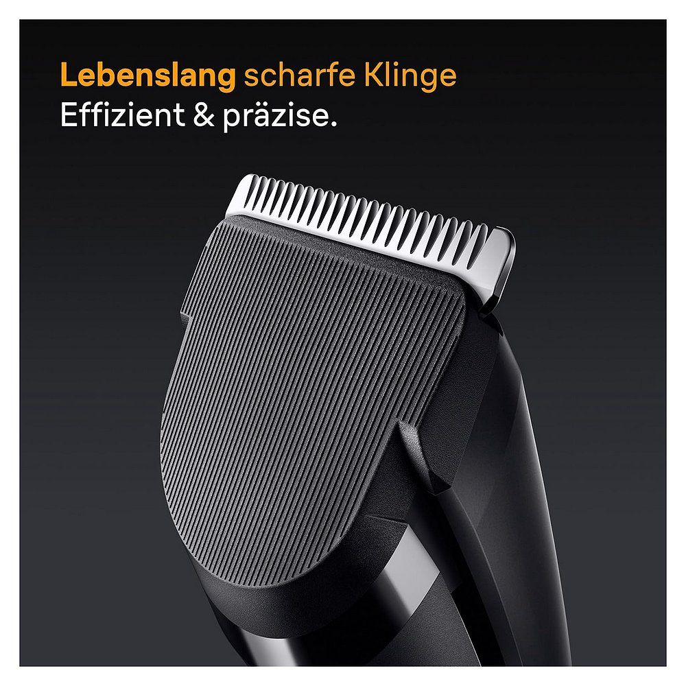 Nahaufnahme der Klinge eines Braun Haarschneiders. Text: Lebenslang scharfe Klinge.