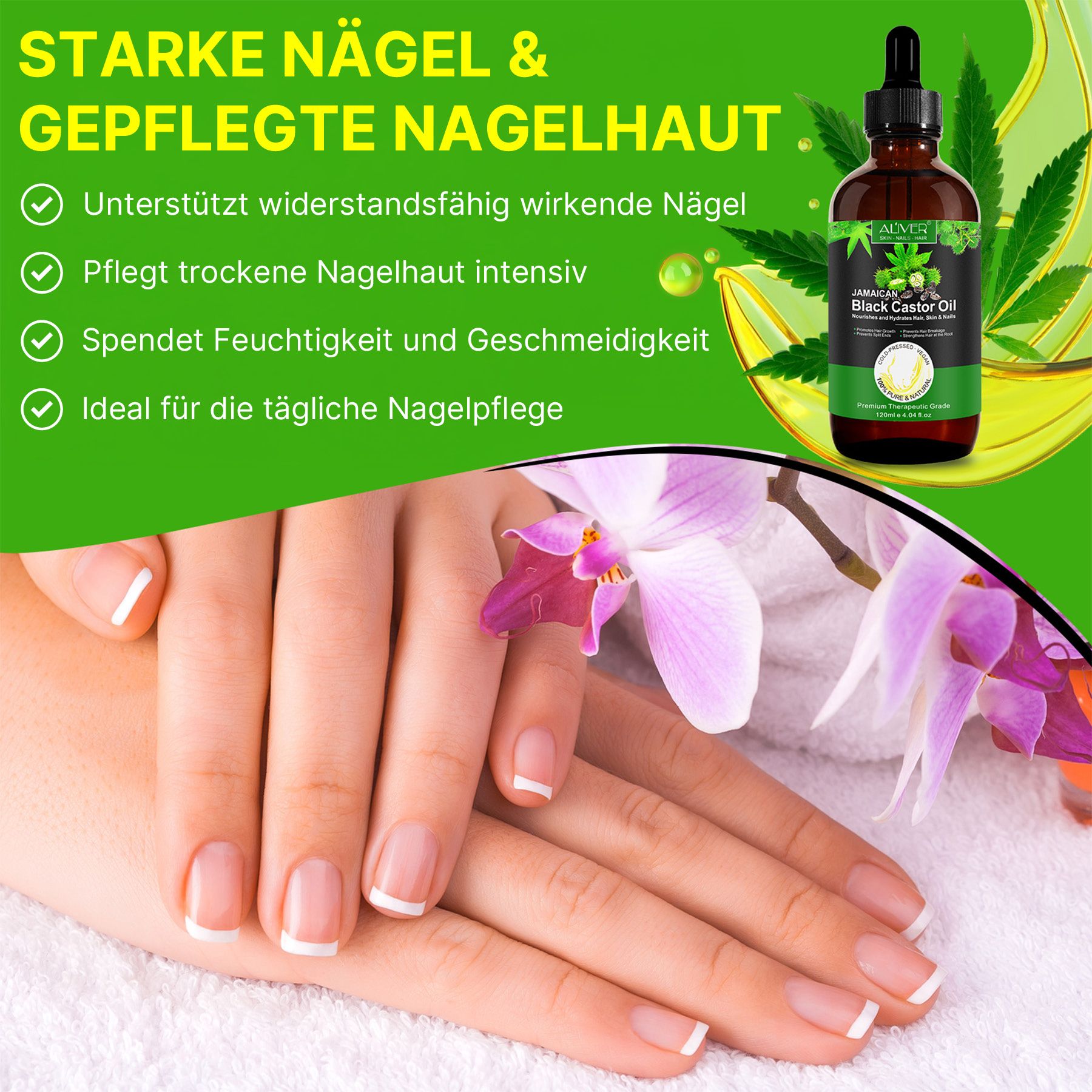 Flasche mit schwarzem Rizinusöl für Nägel und Nagelhaut.