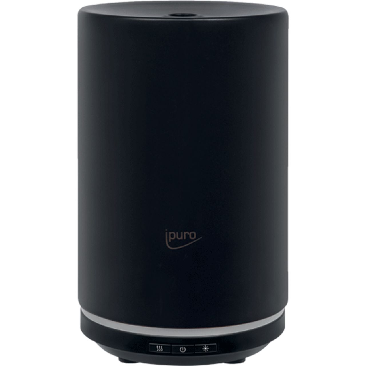 Schwarzer, zylindrischer Aroma Diffusor. Unterhalb des Logos 'ipuro' befinden sich Bedienelemente. Oberseite mit Öffnung.