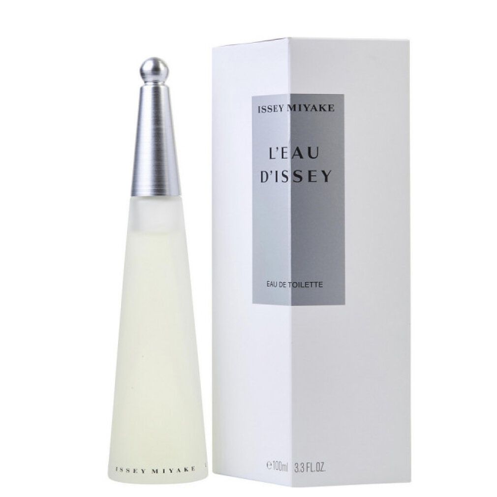 Parfümflakon und Verpackung. Aufschrift: Issey Miyake, L'Eau d'Issey, Eau de Toilette.