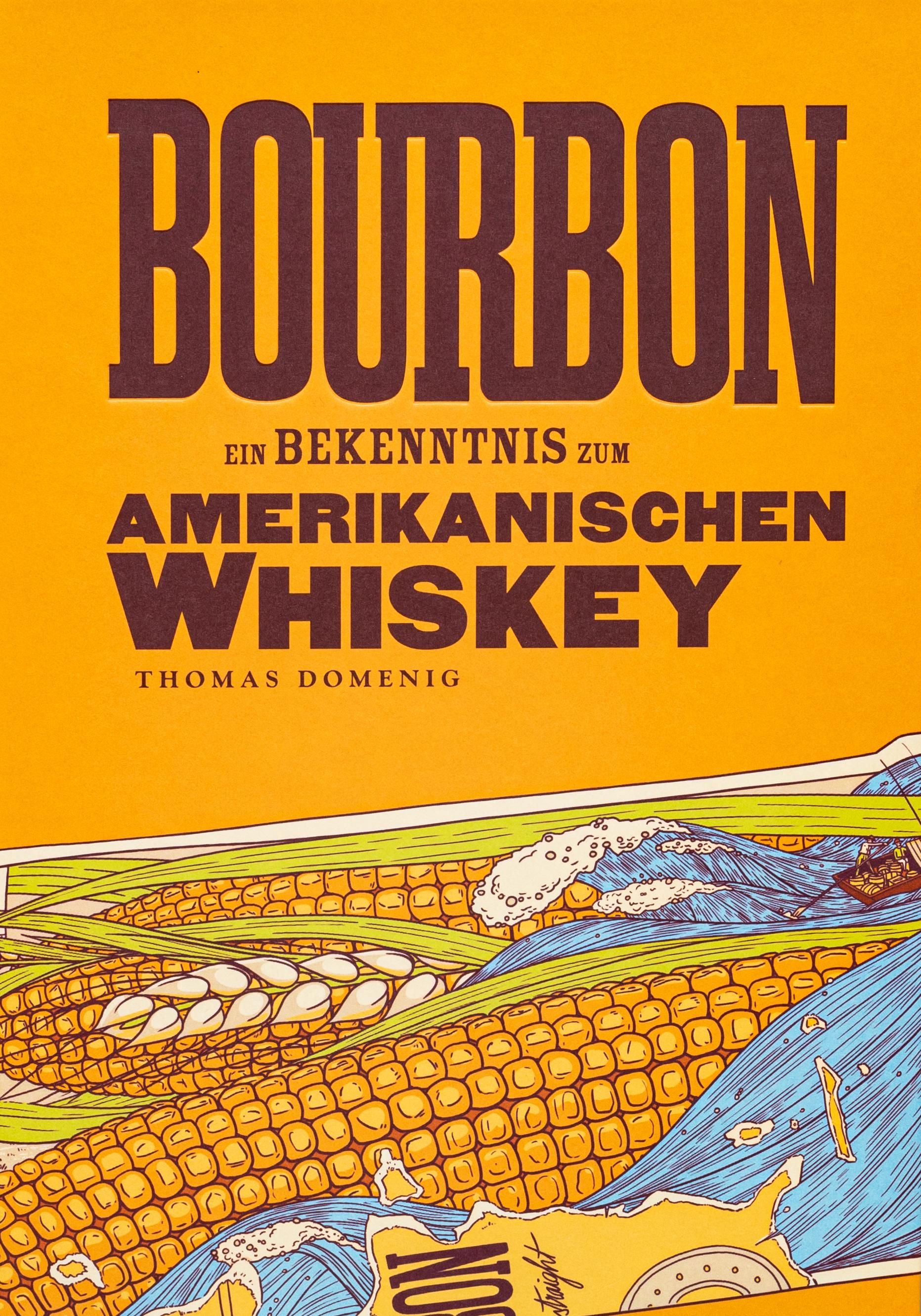 Buchcover mit Titel "Bourbon". Gelber Hintergrund, Maiskolben-Illustration.
