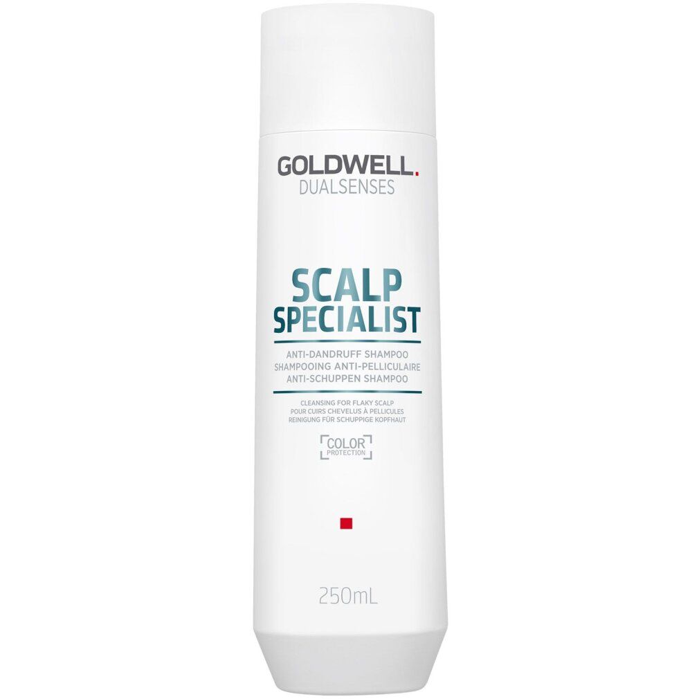 Weißes Shampoo mit Schriftzug SCALP SPECIALIST. Goldwell-Logo oben. 250ml-Angabe unten. Roter Punkt.
