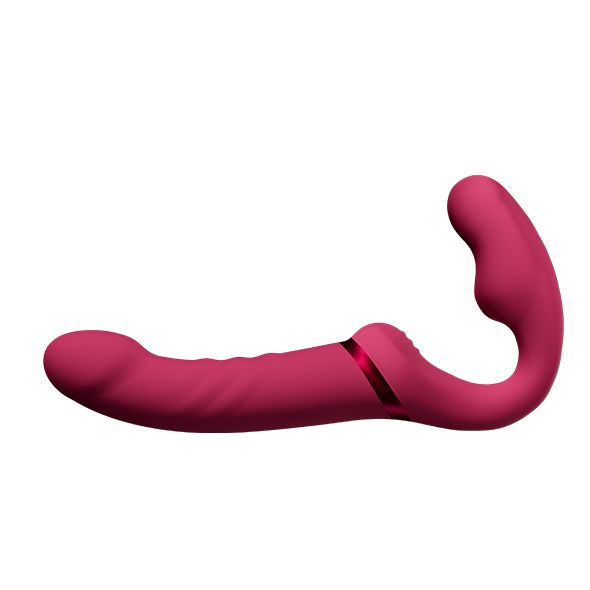 Ein pinker, gebogener Vibrator mit einer gerippten Oberfläche und einem roten Akzentring.
