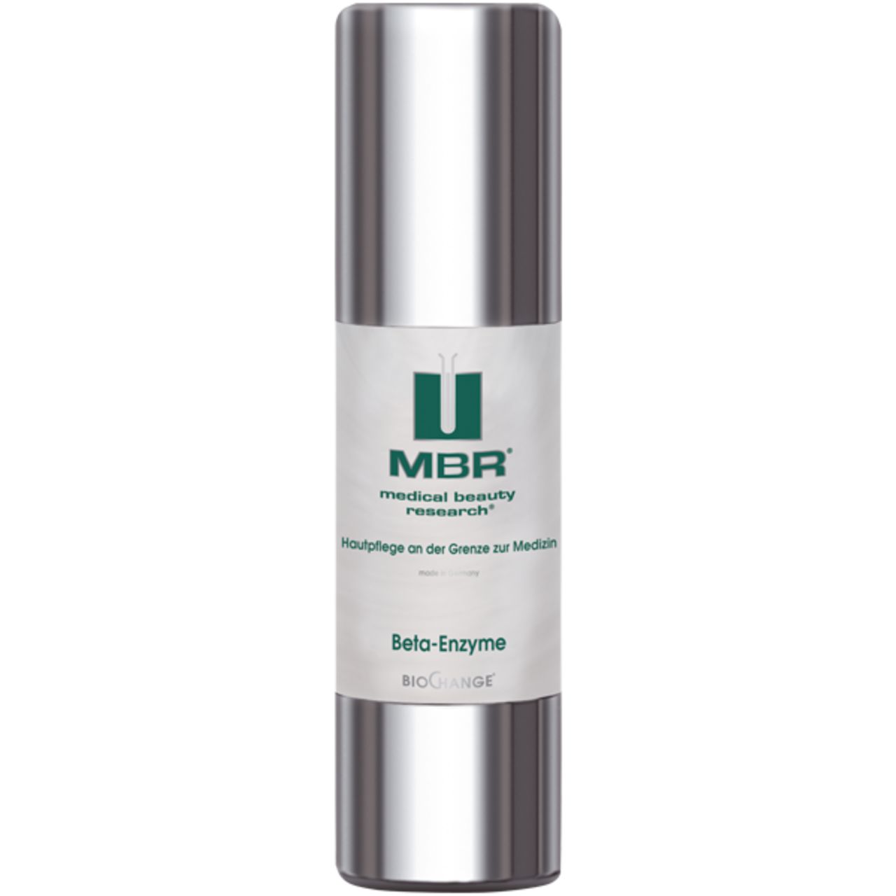 Zylindrische Flasche mit silberner Oberfläche. Weißes Etikett mit Logo und Schriftzug "MBR medical beauty research". Text: "Beta-Enzyme".