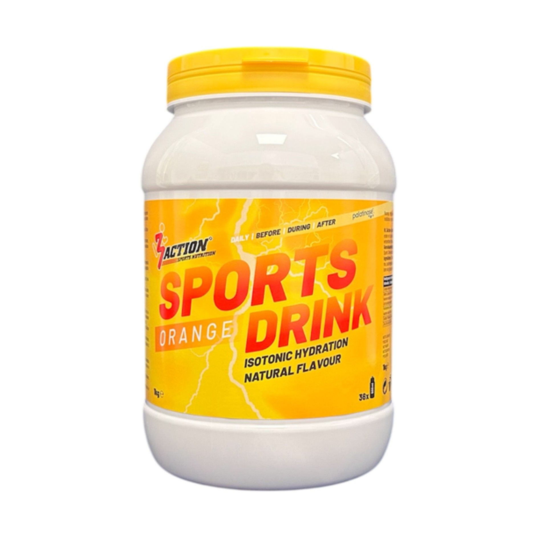 Weißes, zylindrisches Gefäß mit gelbem Deckel. Aufschrift: Sports Drink Orange, isotonische Hydratation, natürliches Aroma. Marke: 3Action.