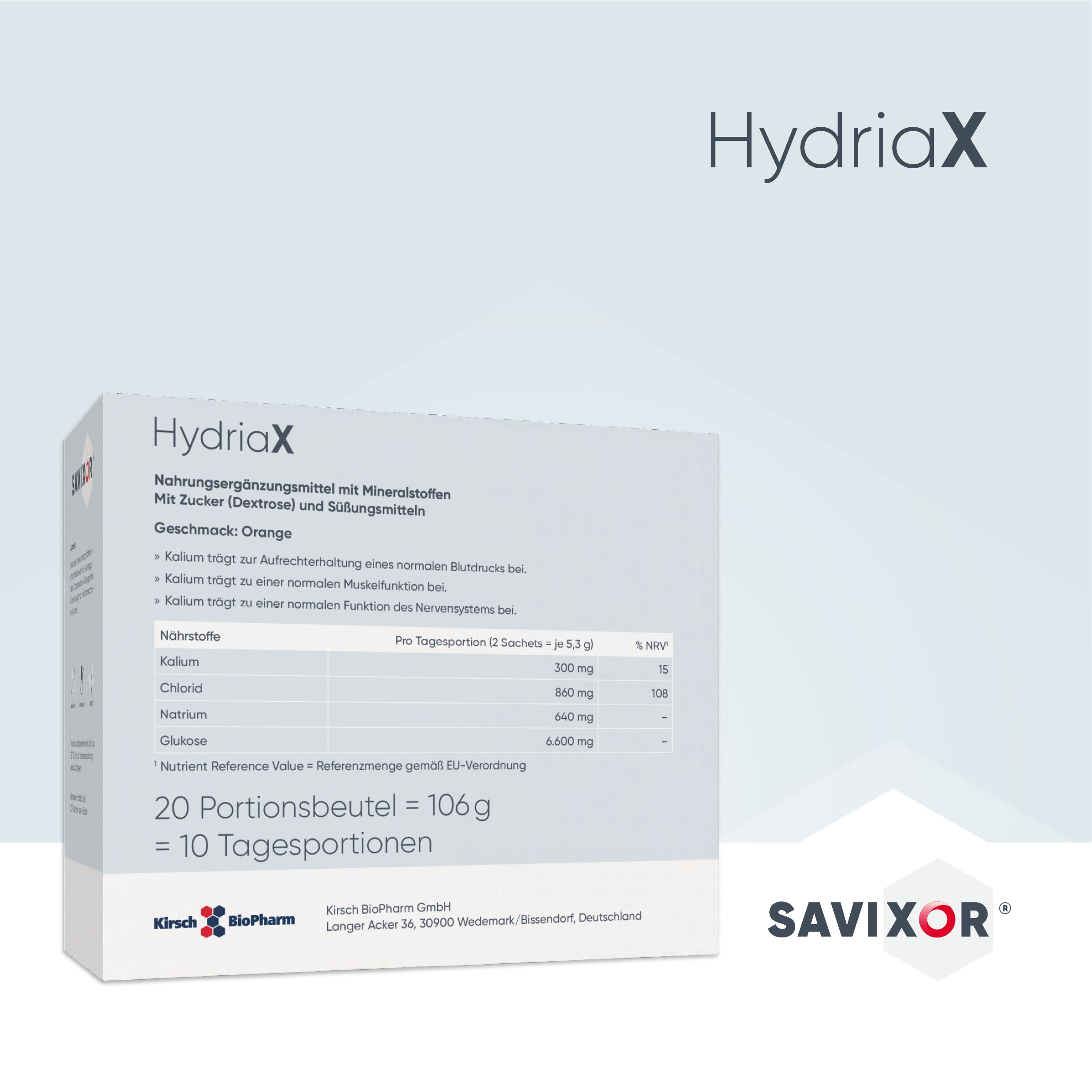 Savixor HydriaX Elektrolyte Pulver, Sachet. Weiße Verpackung mit Produktinformationen und Nährwerttabelle. Orange Geschmack. 20 Portionenbeutel.