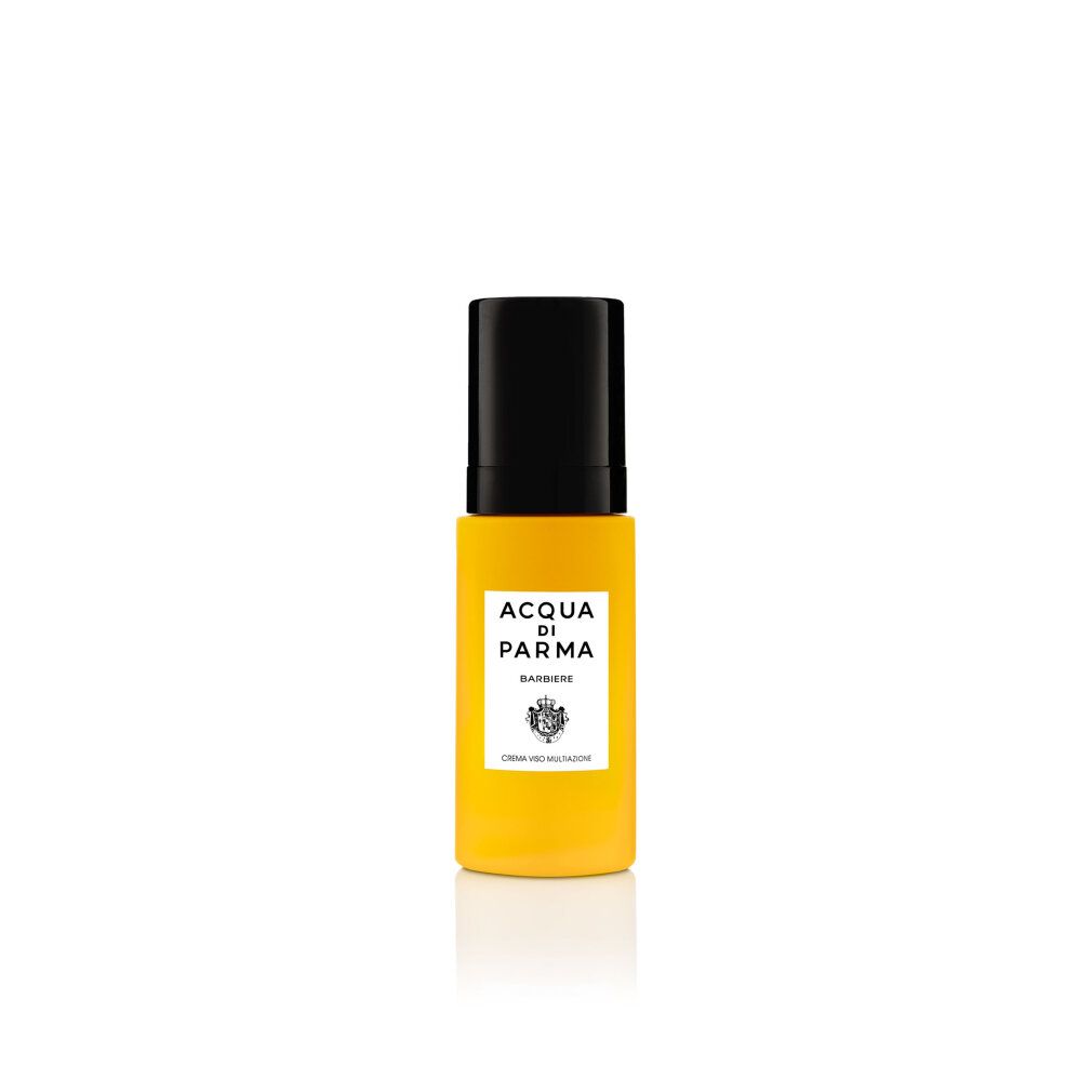 Gelbe Flasche mit schwarzem Deckel. Aufkleber mit "Acqua di Parma" und Text. Produktname: Multi Action Face Cream.