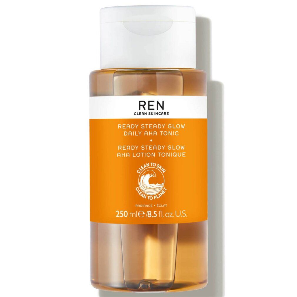 REN Ready Steady Glow Daily AHA Tonic, Flasche mit orangefarbenem Etikett.