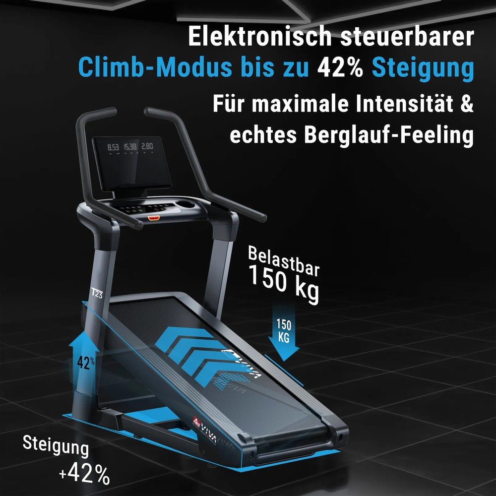 AsVIVA Laufband T23 Pro Climb mit elektronisch steuerbarem Climb-Modus bis 42% Steigung, belastbar 150 kg.